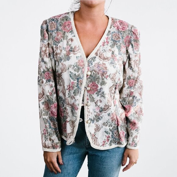 Vintage Floral Button Up Jacket with Tie Back - L - Picture 7 of 7